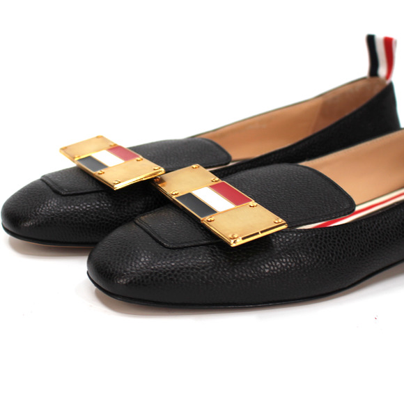 Thom Browne Apron Toe Black Striped Gold Bow Flats 36 Pebbled Leather Shoes - Picture 3 of 7